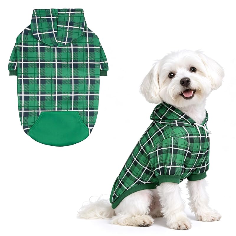 Moletom xadrez com capuz para cães, com abertura para guia EXPAWLORER Green Medium