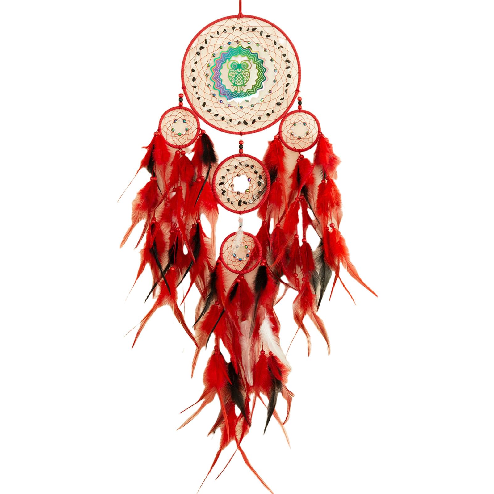 Buxuaaaa Red Handwoven 3D Macrames Rotating Colorful Owl Dreamcatchers With Feathe For Home Wall Hanging Ornament Decoration Gift Wall Hanging Dreamcatchers