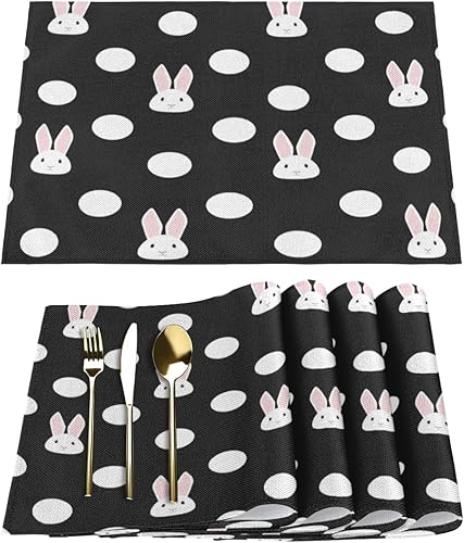 Polka Dots Cute Bunny Placemats Set of 6 Fabric Placemats Square Placemat for Kitchen Table Heat Resistant, Easy to Clean Table Placemats 12x18 Inch