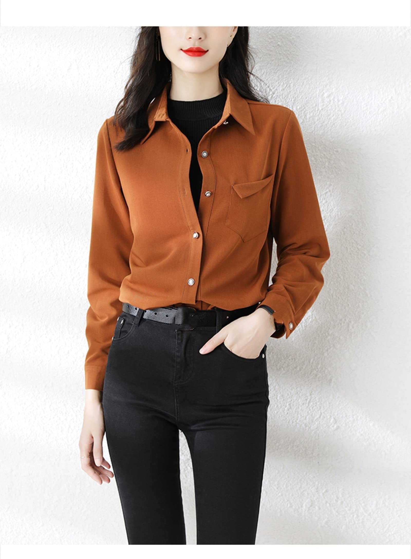 Tankaneo Camicia Corta Donna A Maniche Lunghe, In Cotone, Con Tasca Sul Petto E Colletto, Casual