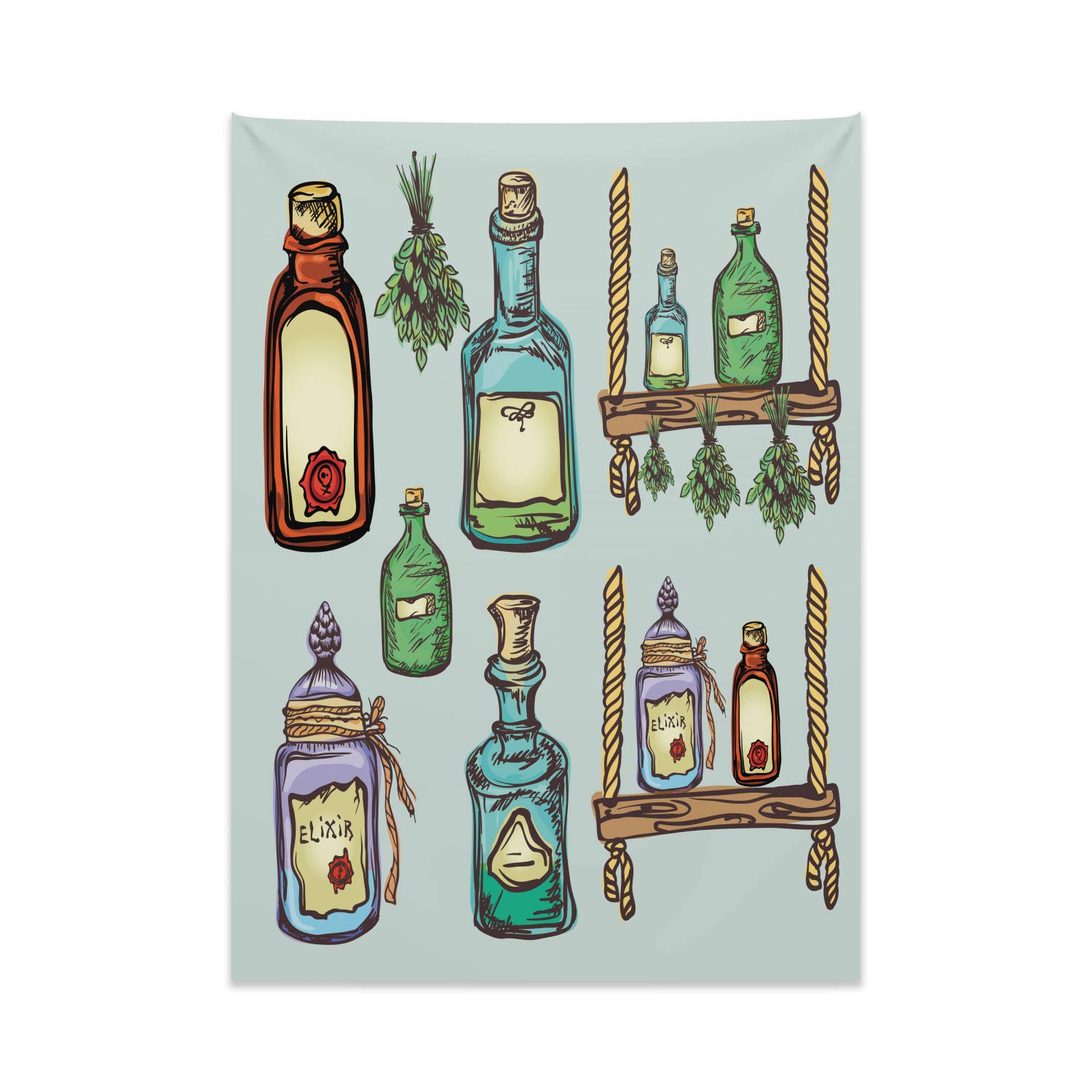 ABAKUHAUS Apothecary Tapestry, Retro Alchemy Magic Craft Elixir Herbal Cure Chemists Halloween Recreation Theme, Fabric Wall Hanging Decor for Bedroom Living Room Dorm, 43 W X 58 L, Multicolor