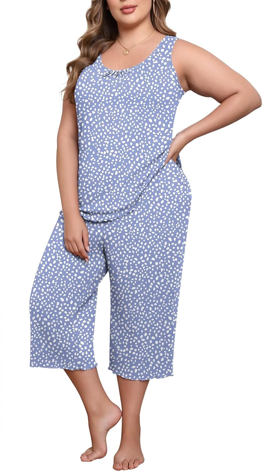 Lastshe Women's Plus Size Pajama Set 2 Piece Sleepwear Soft Cozy Sleeveless Knit Tank Top Capri Pants Lounge PJs with Pockets - Image 3