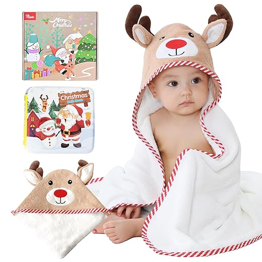 Newchin Christmas Hooded Baby Towel - Rayon Made from Bamboo, Soft Bath Towel Baby Set with Rudolph for Babies, Toddler, Infant - Includes Bath Book