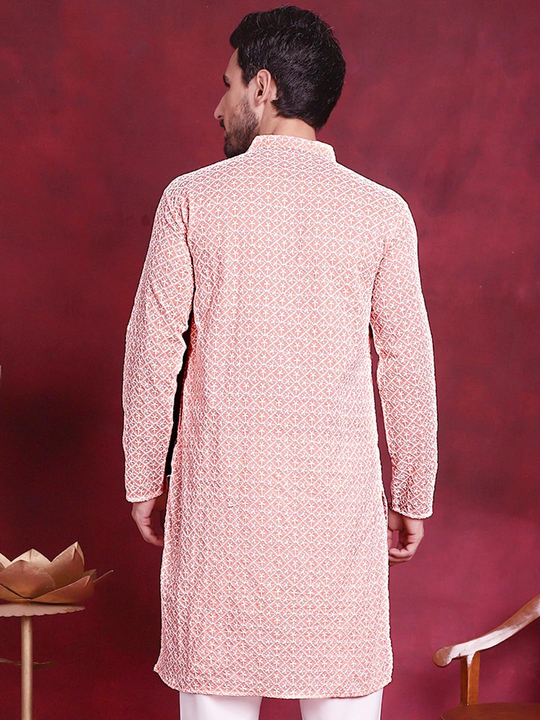 Jompers Chikankari Embroidered Kurtas For Men (Orange, M)