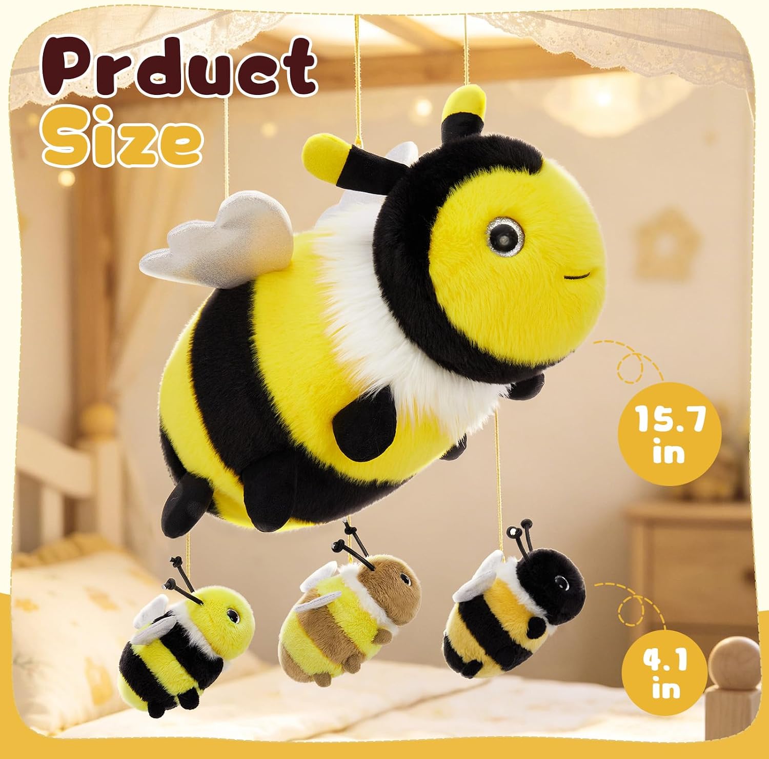 MorisMos 4Pcs Bee Stuffed Animal with Baby Inside 15 Inch, Luminous Mommy Stuffed Bee Plush Toy Set, Cute Bumblebee Surprise Toys Gift for Kids Girls Boys Birthday, Glow in The Dark