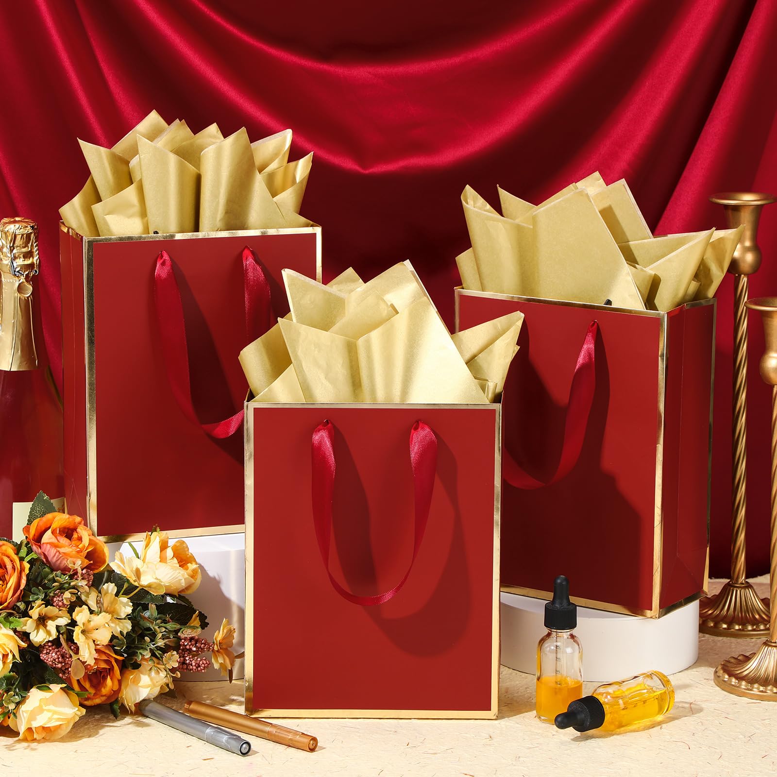 Yeaqee 10 Pack Metallic Paper Gift Bags with Handle Tissue Paper Thank You 5 Senses Gift Bag for Birthday Wedding Baby Shower Groomsmen Bridal Graduation Party Favor 9 x 7 x 3.15''(Burgundy,Gold)