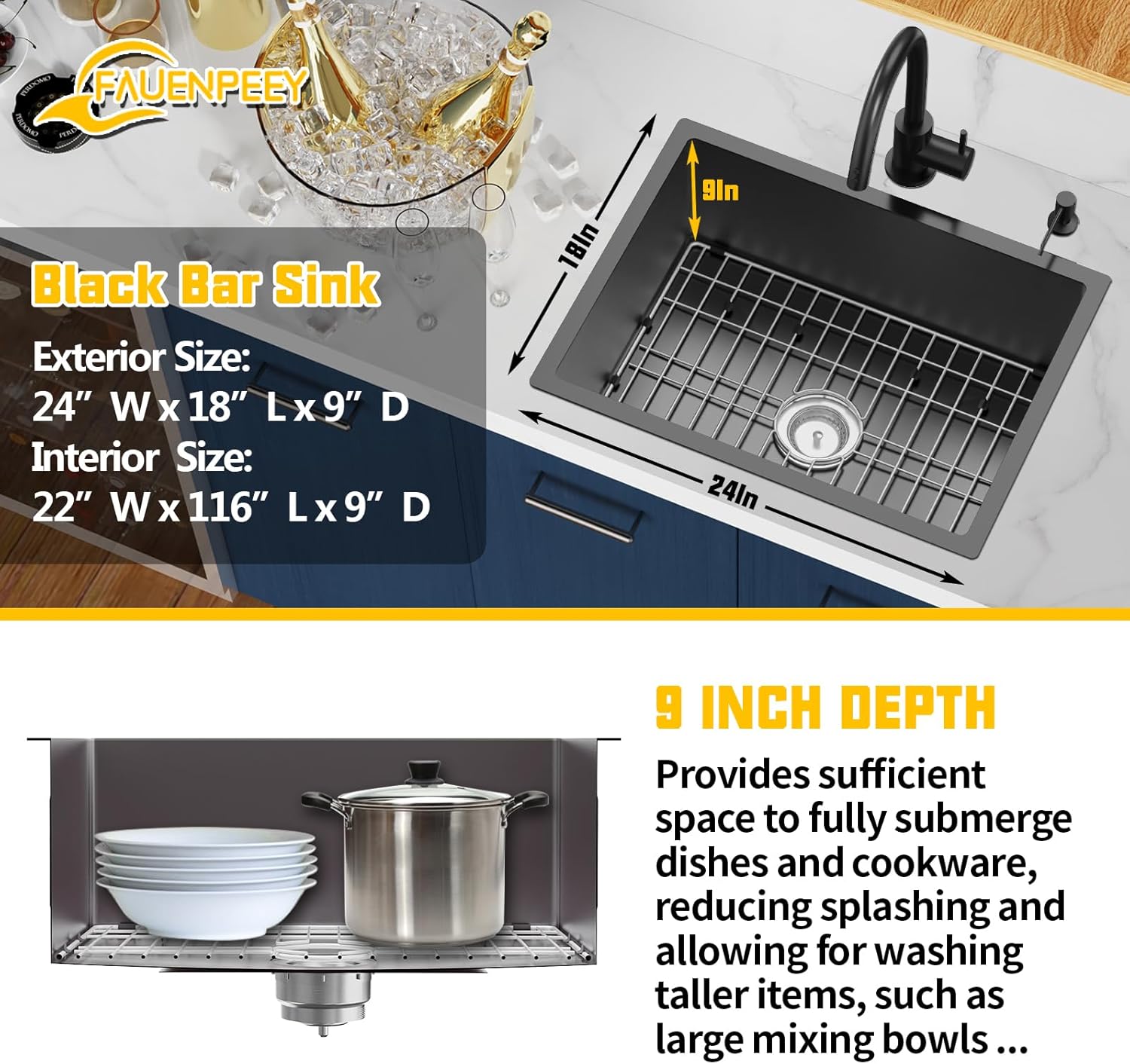Black Kitchen Sink,24x18 Inch Stainless Steel Undermount Kitchen&Bar Sink Drop In Stylish And Modern Look With Bottom Grid,Silicon Mat And Drain Assembly Add Elegance & Enhance Usability
