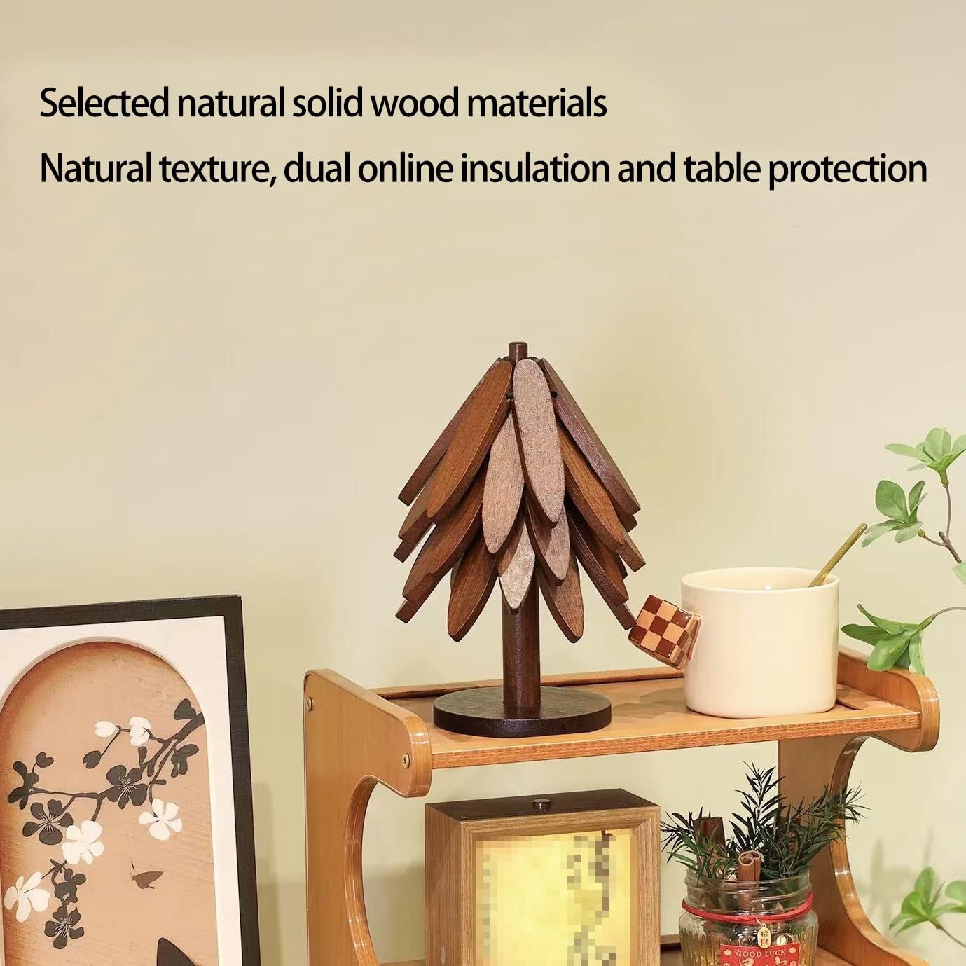 Lot de 4 Dessous de Plats en Bois pour Plats Chauds 4 Dessous de Plat en Bois + 1 Support rangé comme Un Sapin de Noël Supports Isolants en Boi Pliables pour Théière Poêle Bol