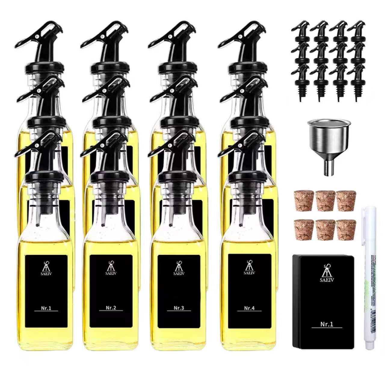 SAEIV 160 ml Ölflasche Glas 12 Set, Kleine und handliche Öl Essig Spender, Oil bottle, Ölflasche mit Ausgießer, Ölflaschen zum Befüllen, DIY-Etiketten, Unterwegs-Ölflaschen für BBQ