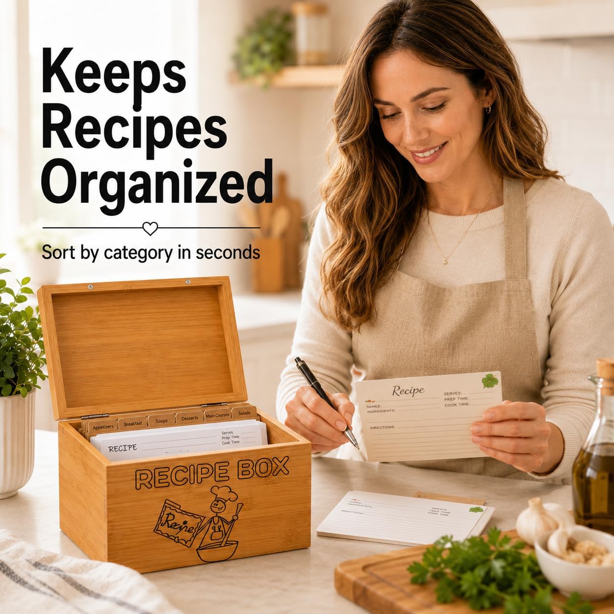 Bamboo Recipe Box with 100 Cards and 7 Dividers image 3