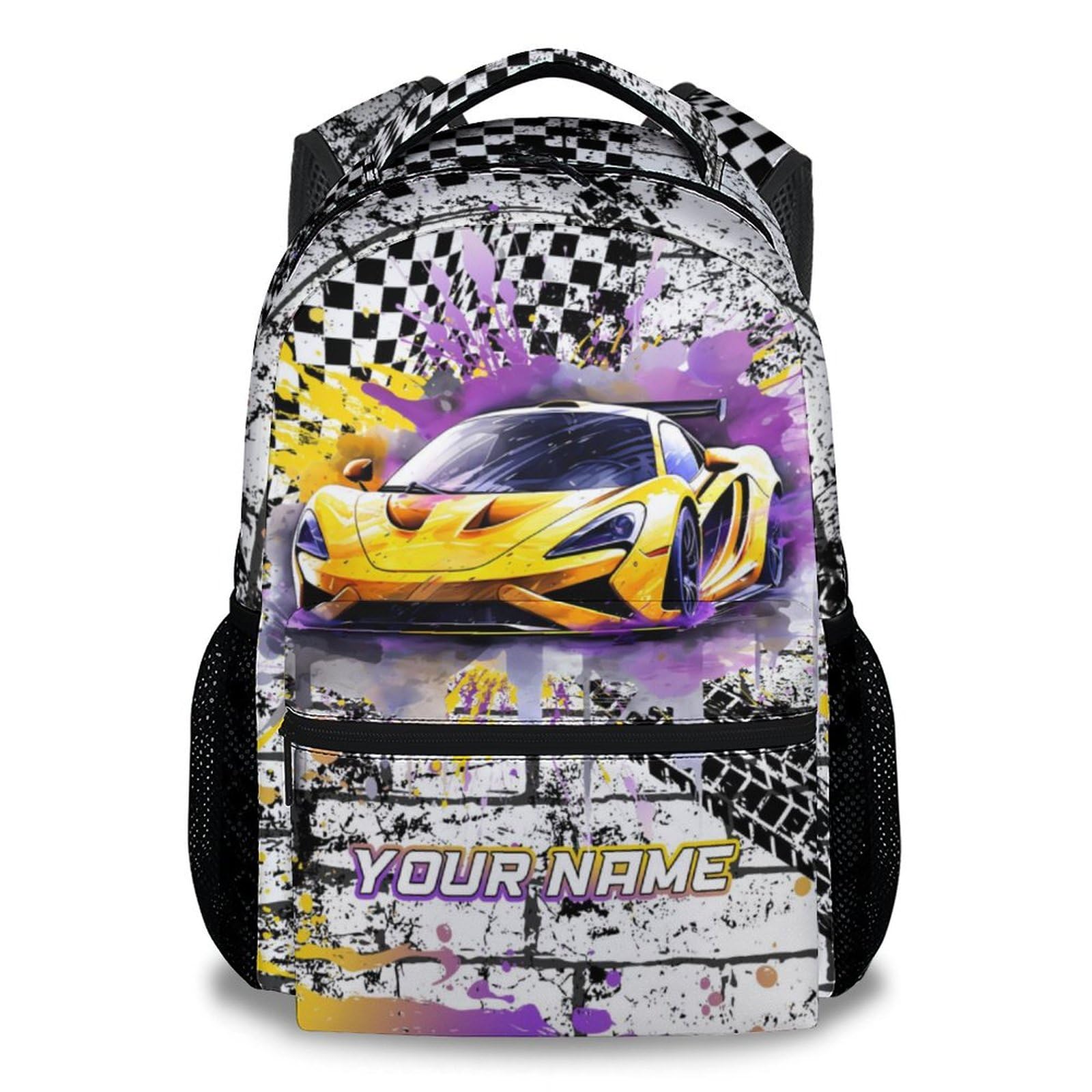 NICEFORNICE Personalized Backpack for Kids, 17 Inch Cool Car Backpacks for Boys, Yellow Lightweight Travel Bookbag for Middle School & High School