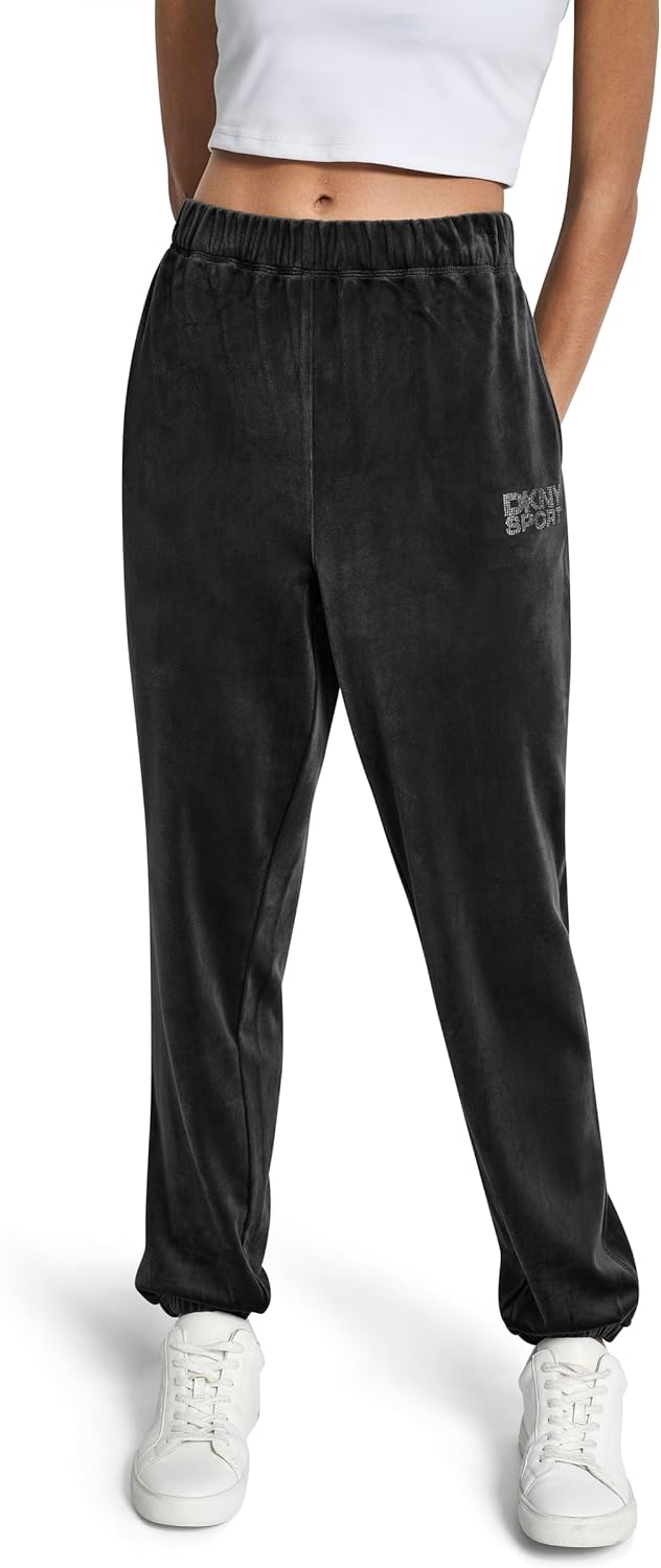 DKNY Womens High Rise Relaxed Cuff Rhinestone Logo Novelty Velour Sweatpant