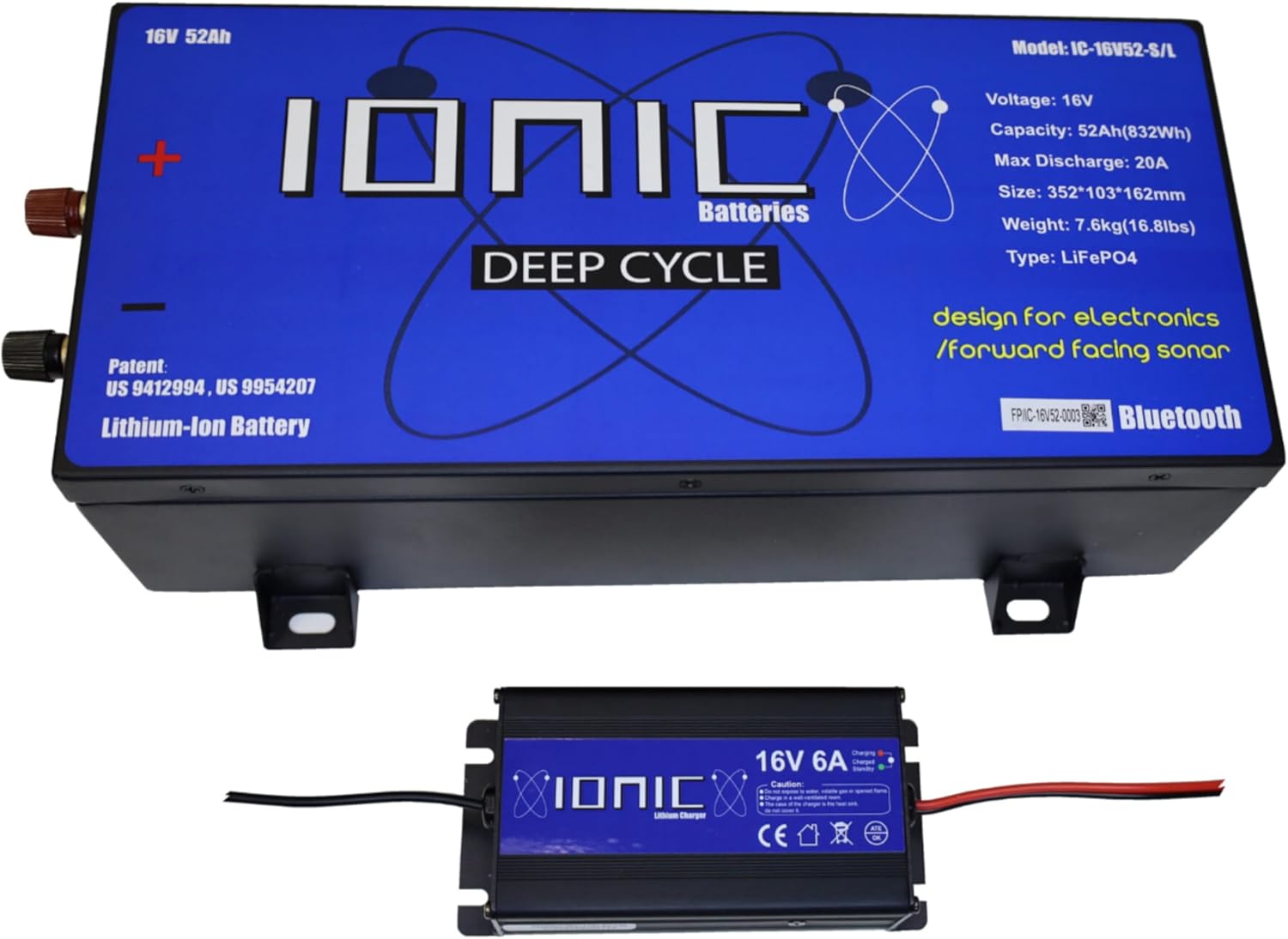 Ionic Lithium 16V 52Ah Deep Cycle Marine Battery + Charger - Lightweight LiFePO4 Battery with Bluetooth - IC-16V-EPCHP-01