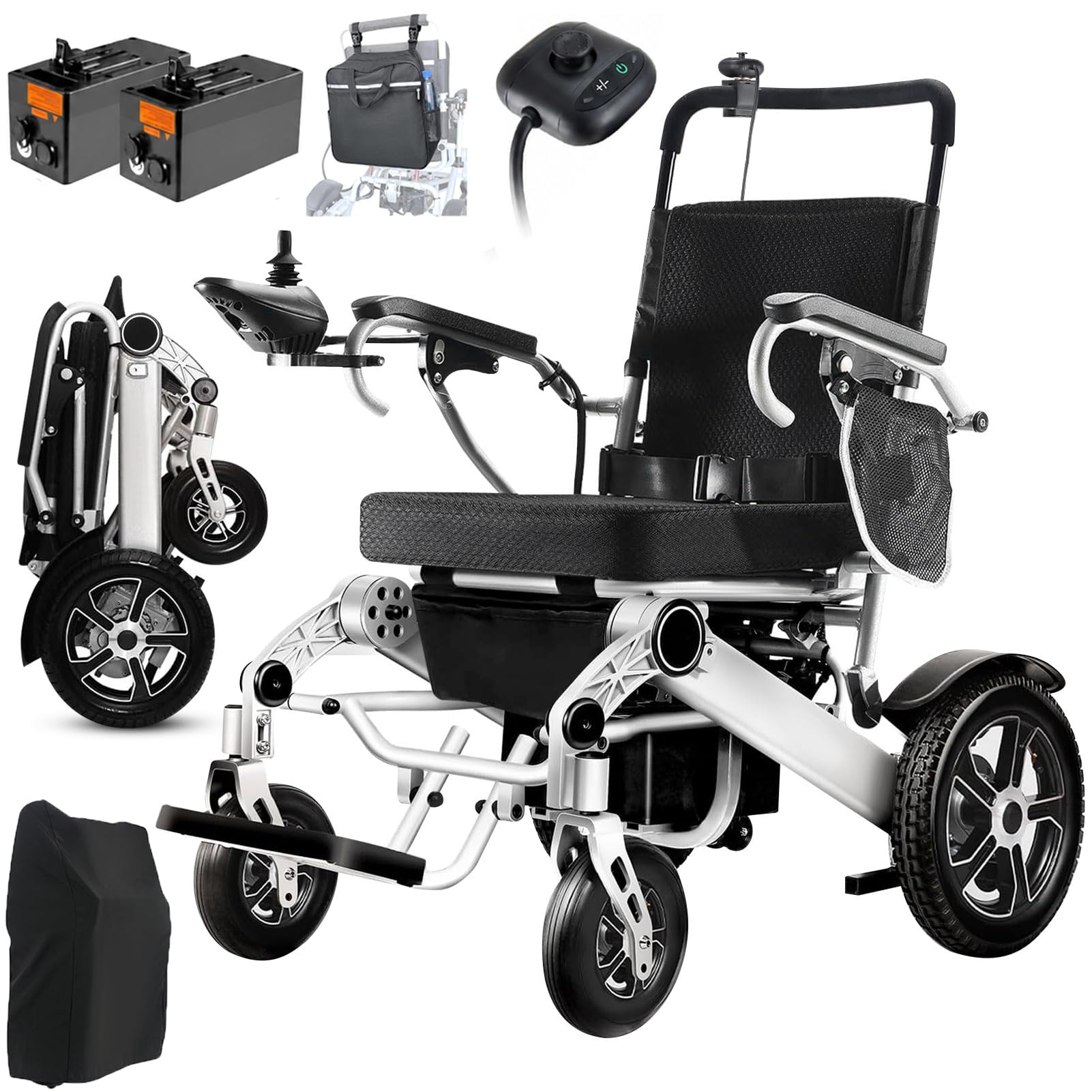 48+KM Elektro Rollstuhl für Erwachsene, 700W Motorleistung Rollstuhl 150KG, 51CM Sitzbreite Leichte Elektrisch Faltbare Allen Gelände Rollstühle mit 2*12AH Li-Ion Batterie, mit Fernbedienung, Rucksack