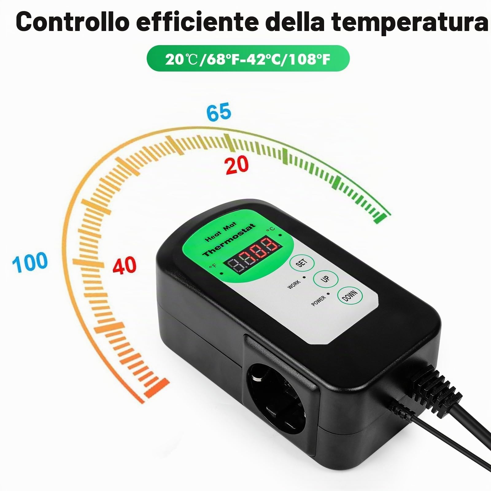 Jadeshay Termostato Per Rettili E Termostato Terrario Digitale Con Sonda Impermeabile 1.8m Controllo Temperatura 5-42℃ Presa EU 230V 1000W Per Semenzai Serre Tartarughe E Allevamento Rettili