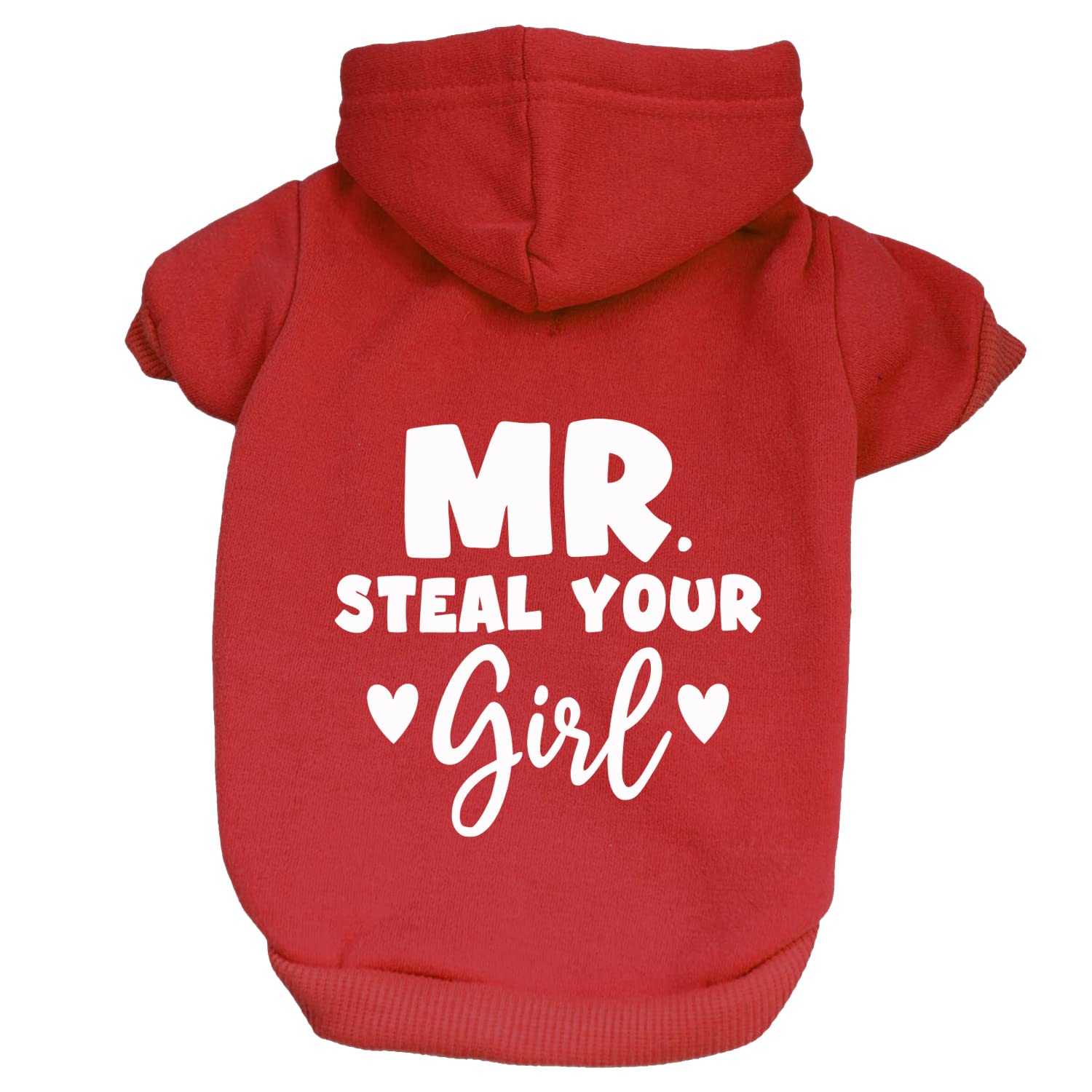 Mr. Steal Your Girl Valentine's Day Pullover Fleece Lined Dog Hoodie with Leash Hole (Red Hooded Sweatshirt)