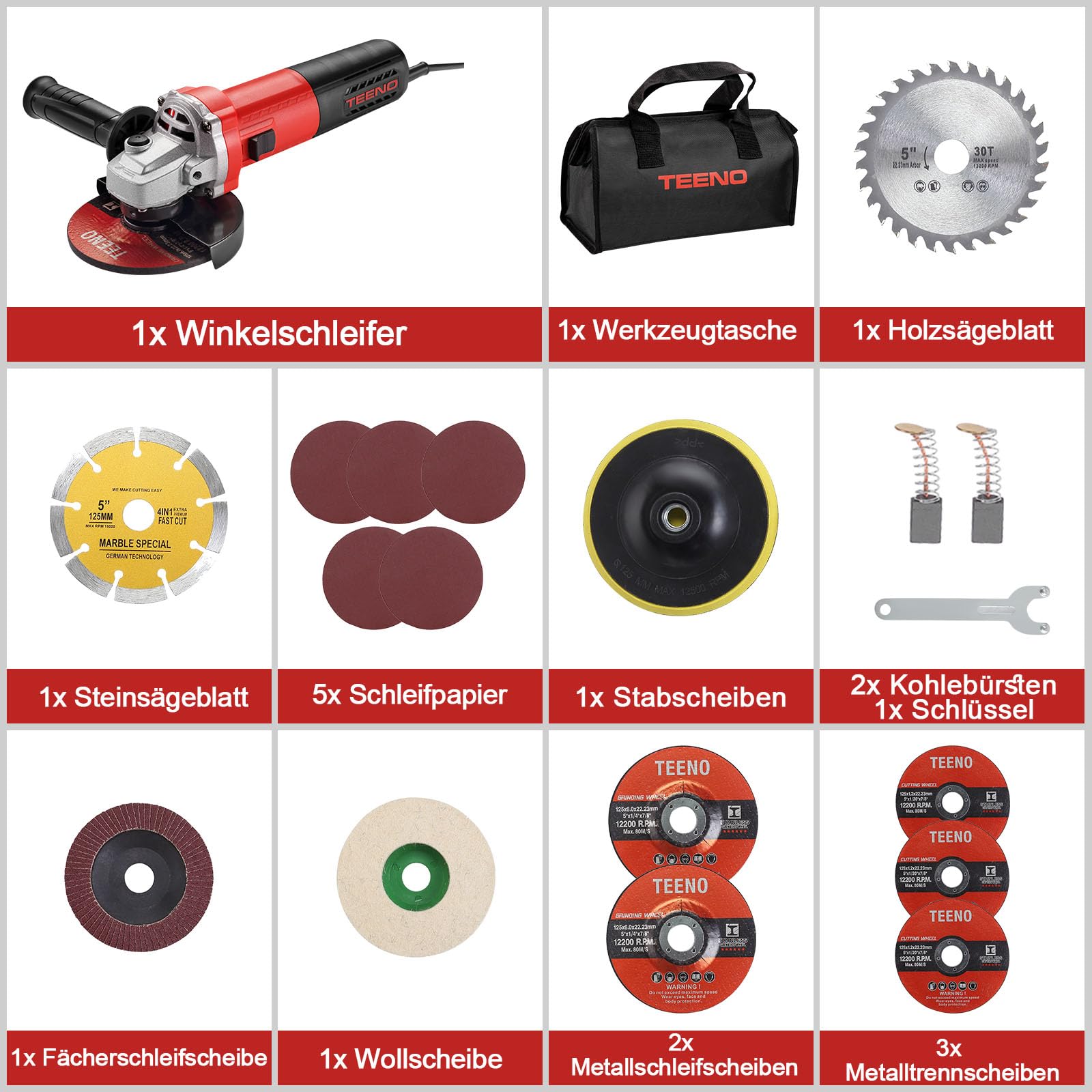 TEENO Winkelschleifer 1000W 2000-12000 U/min Mit 20 Zubehörteilen, Profi-Winkelschleifer Mit Werkzeugtasche,125mm Scheiben, Zum Trennen und Schleifen, Polieren, Metall, Holz, Keramik, Stein