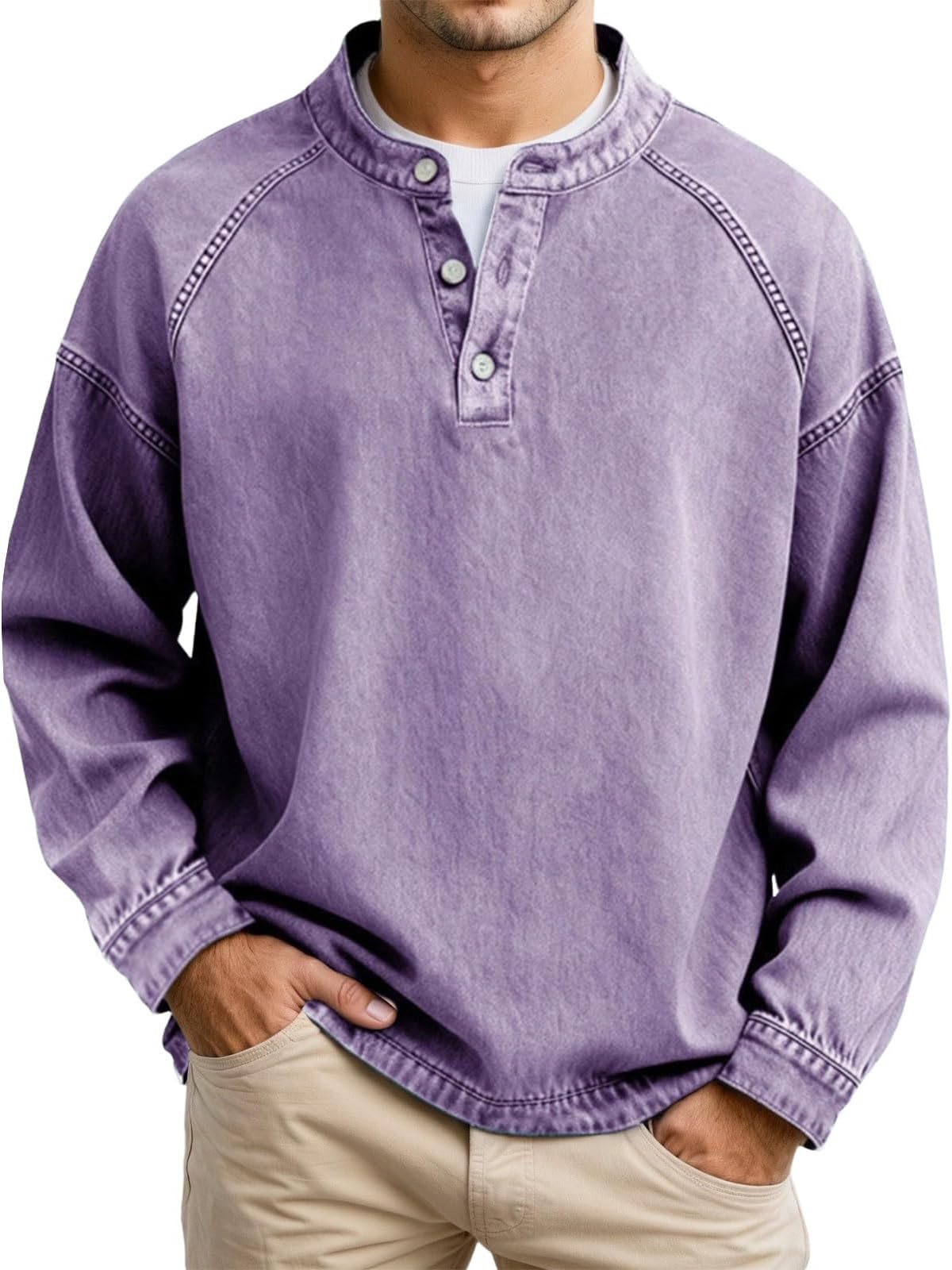 Henley Shirts for Men Long Sleeve Classic Basic Tee Shirt Vintage Washed Button Down Sweatshirt Retro Solid Color Pullover Casual Workwear Office Fashion T Shirts Lightweight Regular Tops T-Shirt