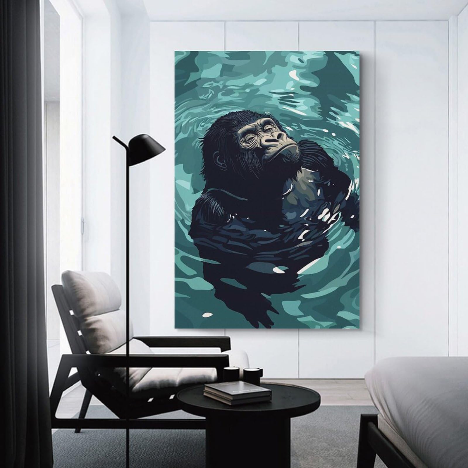 Junmoney Home Decor Wall Art Relaxing Gorilla in Water Illustration, 20x30inch(50x75cm), for Flats, Guest Rooms Or Compact Rooms, Wall Decor with Flexible Room Appeal