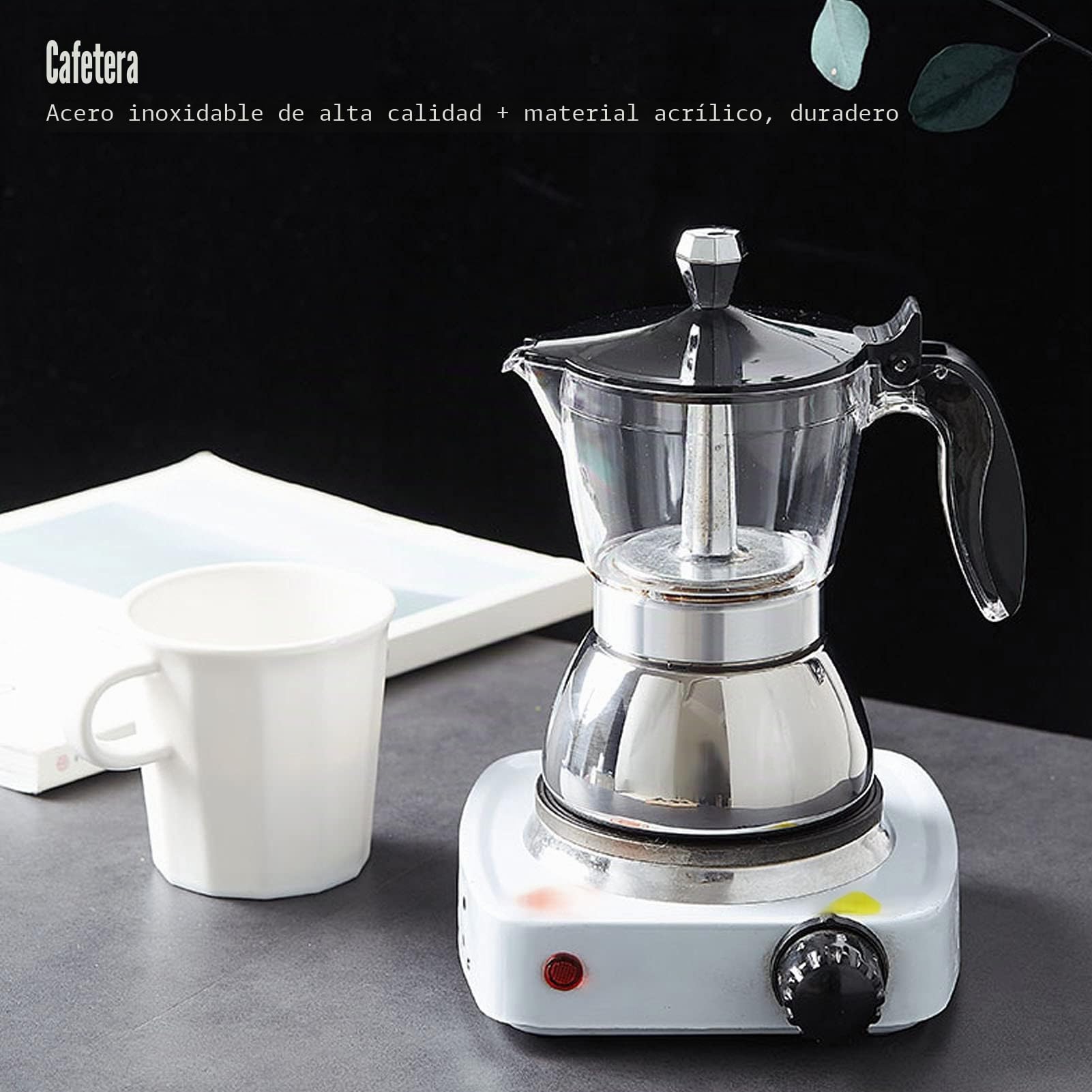 Olla Moka, de 4 Tazas, de Acero Inoxidable, Estufa con Tapa de Cristal, Olla Moka, , Suministros de Cocina