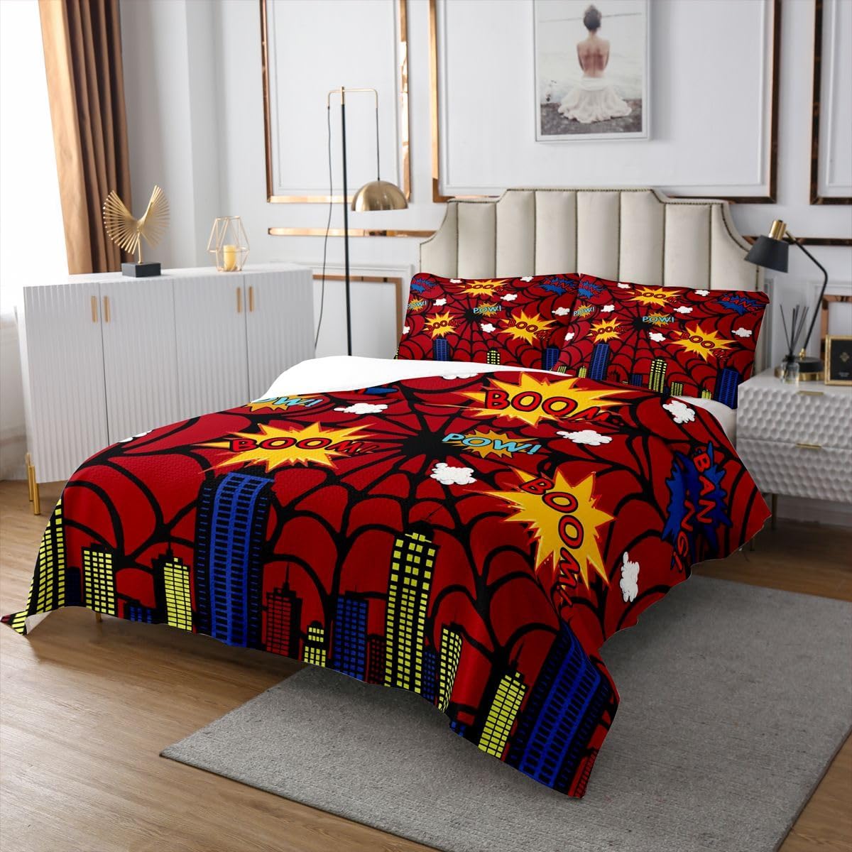 Castle Fairy Spider Web Quilt Sets Twin Size,Cartoon Urban Building Bedspread Coverlet 2Pcs for Kids Girls Boys Room Decor,Hero Theme Quilts Set Modern Anime Style Bedding Comforter,1 Pillowcase