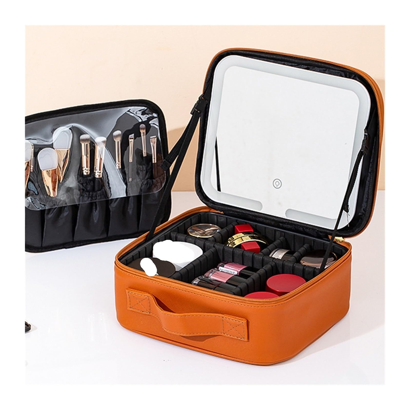 Kosmetiktasche Reise-Make-up-Tasche mit Spiegel for Frauen, tragbares Make-up-Pinsel-Etui mit großem Fassungsvermögen, tragbare, unterteilte Kosmetiktasche