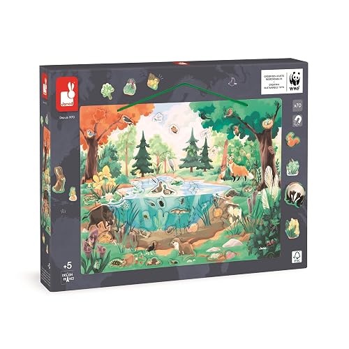 Janod - Puzle Magnético La Charca - 70 Imanes Madera FSC - 1 Póster - Juego Educativo - Fauna y Flora