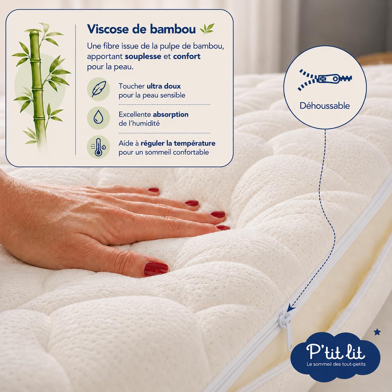 P'TIT LIT - Matelas Bébé Bamboo - 60x120 cm - Viscose Douce et Absorbante - sans Traitement Chimique - Déhoussable - Oeko Tex® - Fabrication Française