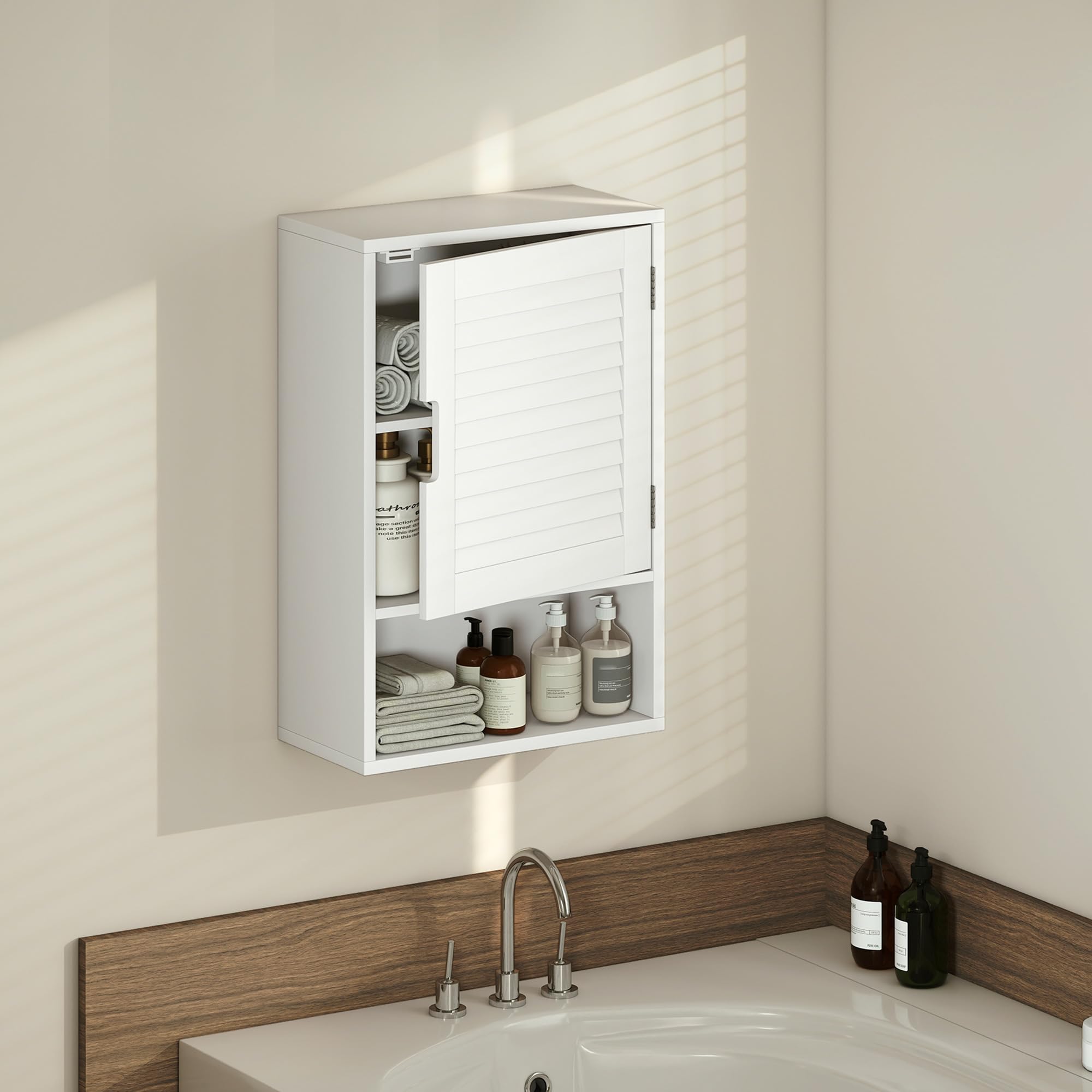 HOMCOM Armoire Murale de Salle de Bain, Meuble de Rangement Suspendu pour Salle de Bains avec Porte à Lattes, étagère réglable et Compartiment Ouvert, Meuble WC Suspendu, 40x20x60cm, Blanc