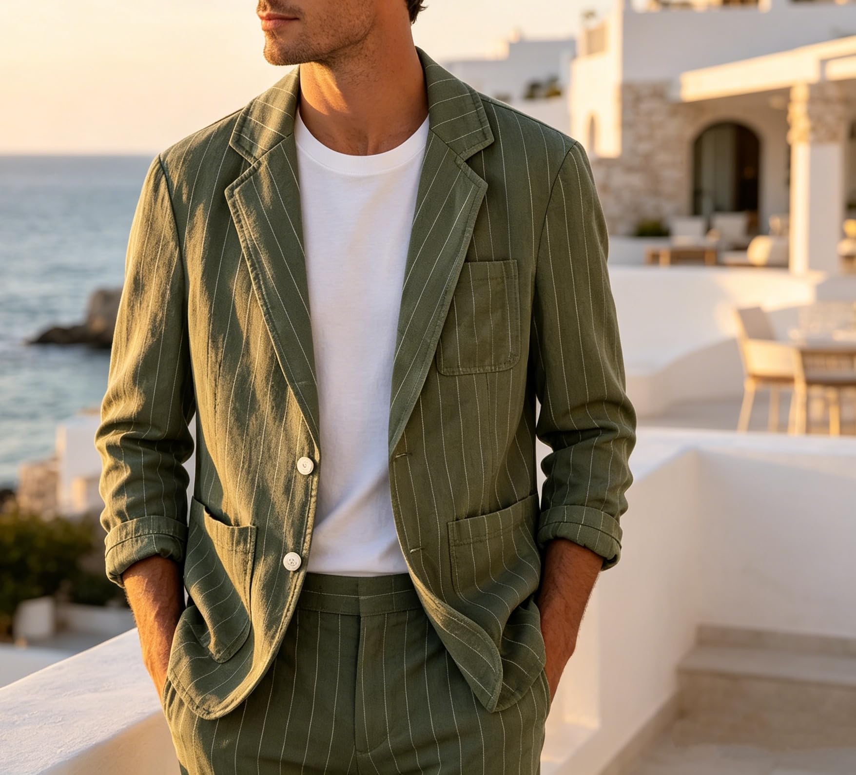 Generico Blazer da Uomo in Lino, Casual Estivo, Sportivo, Leggero, Traspirante, A Righe, Casual, con Revers A Tacca, Due Bottoni, Giacca da Completo per Matrimoni, Affari, Vacanze, Viaggi.