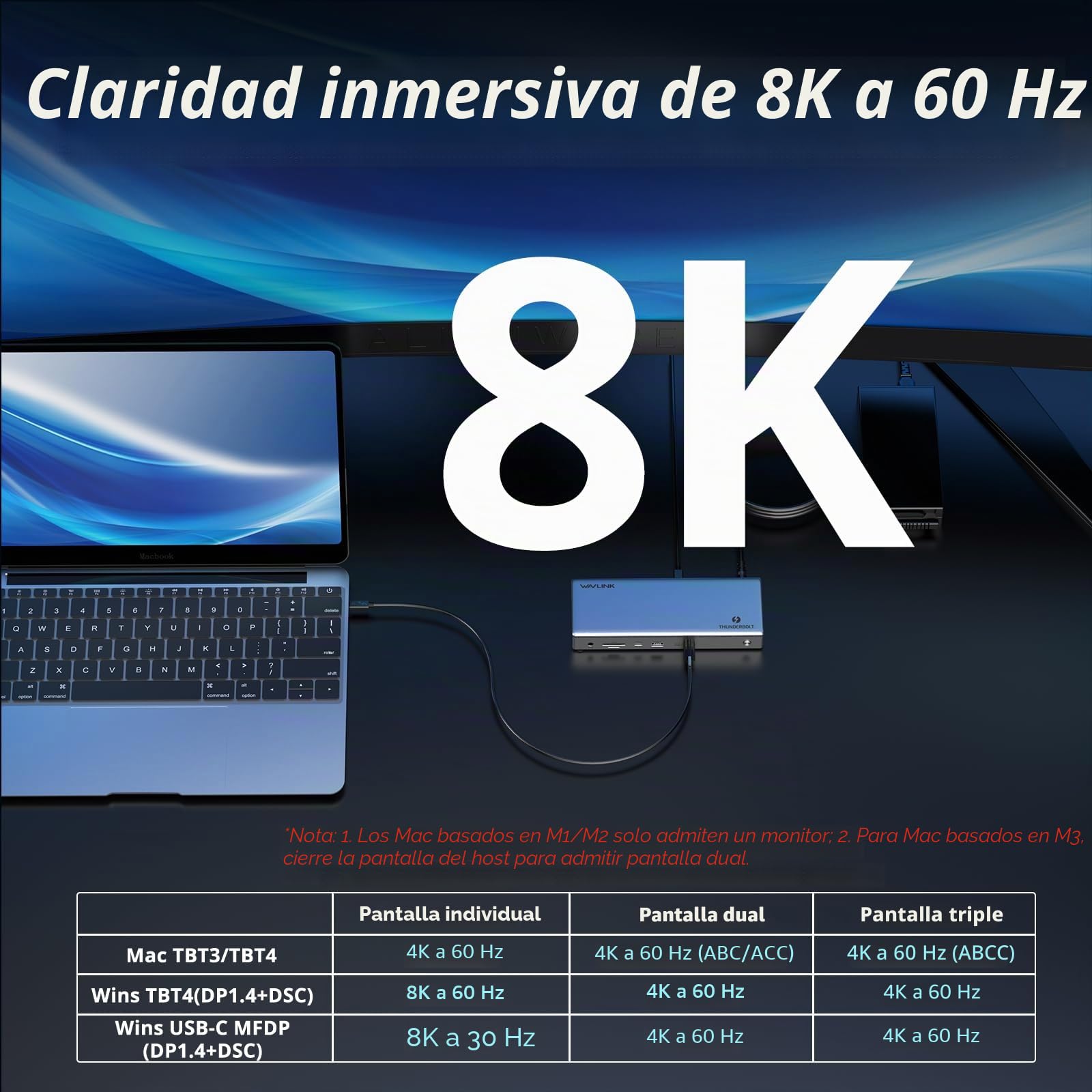 WAVLINK Dock Thunderbolt 4 13 en 1, 96W PD, 8K / Triple 4K, 2 Puertos TBT4, 2 Puertos HDMI, 4 Puertos USB-A, USB-C 10 Gbps, Ethernet 2.5G, Lector SD/TF, Audio, Compatible con Mac y Windows