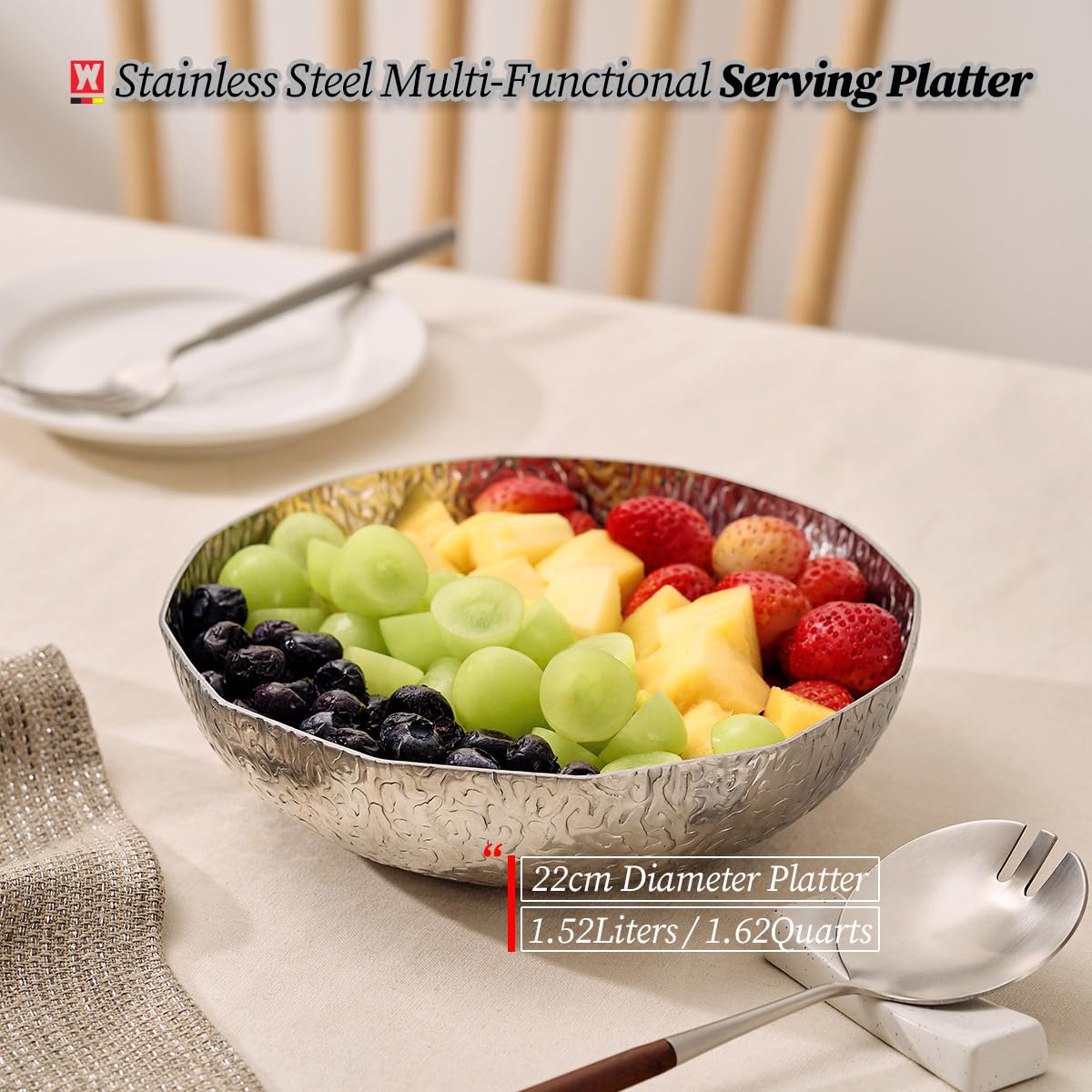 WAGENSTEIGER Plato multifuncional de acero inoxidable, sartenes para bufé y catering, cuenco de frutas y dulces, cuenco de cocina para ramen, sartén Sukiyaki de 3 capas con núcleo de aluminio (8.66