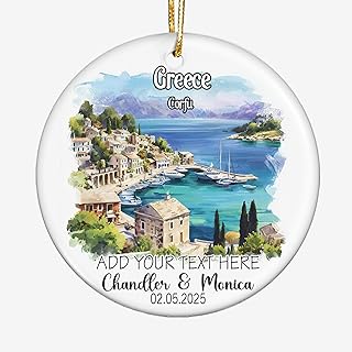 Corfu-Greece Island Ceramic Ornament – Personalized Round Keepsake with Custom Name and Date, Tropical Beach Gift for Couples, Travelers, Holiday Decoration, Christmas 1iSdxw
