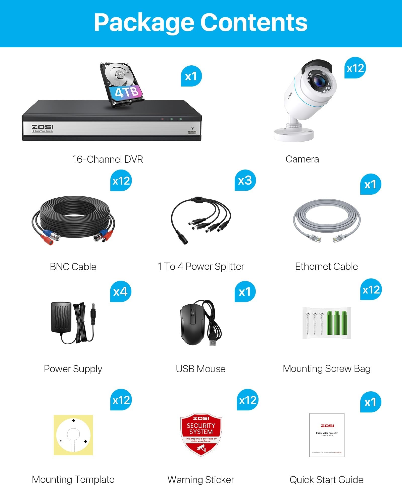 ZOSI 1080P 16CH Überwachungskamera Set Aussen, Personen- und Fahrzeugerkennung, H.265+ DVR Rekorder mit 4TB Festplatte, 12er CCTV 2MP Bullet Kameras für Haus- und Geschäftsüberwachung, IR Nachtsicht | KI-Erkennung Person/Fahrzeug, Blickwinkel 90 °, Nachts