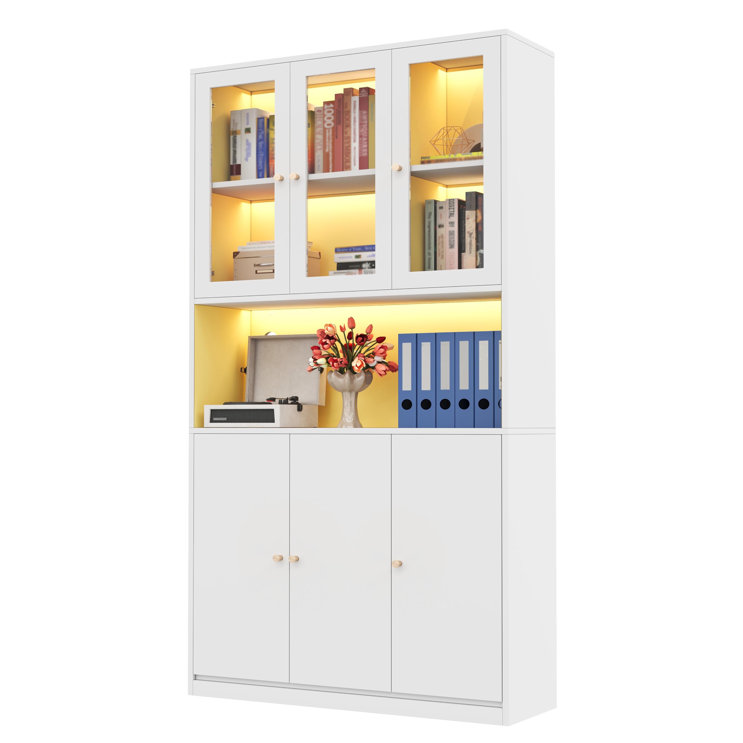 Libreria 100×35×200 cm con ante in vetro e illuminazione LED – Mobile autoportante con vetrina, vano a giorno e 3 ante; Archivio per raccoglitori e libri – Bianco (N)