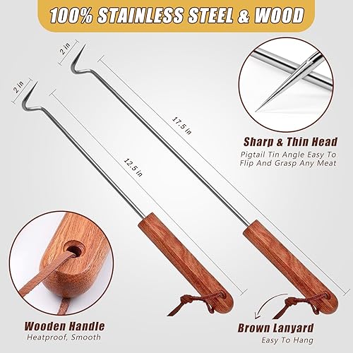 Miniatura 6 de Ganchos volteadores de acero inoxidable para asar, para carne, para cocinar y cocinar, accesorios de parrilla con mango de madera para asar y ahumar