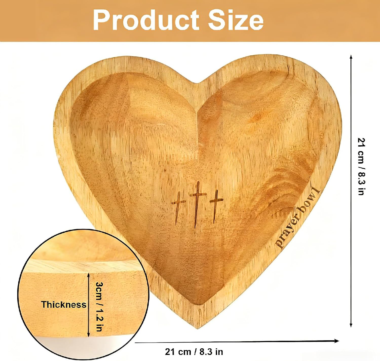 8 Inch Wooden Heart Prayer Bowl with 12 Cards, Rustic Cross Carved Decor
