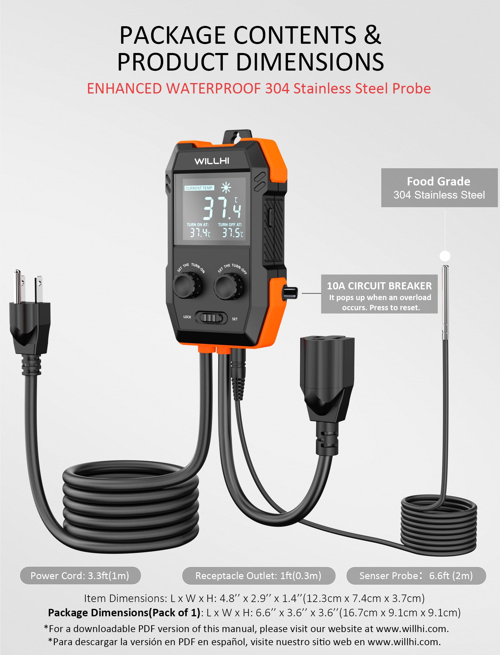 WH2408 - driver de temperatura 10 A, 1200 W, interruptor de enchufe de salida controlado por termostato digital para reptiles, terrarios, invernaderos, preparación casera, acuario, modo de