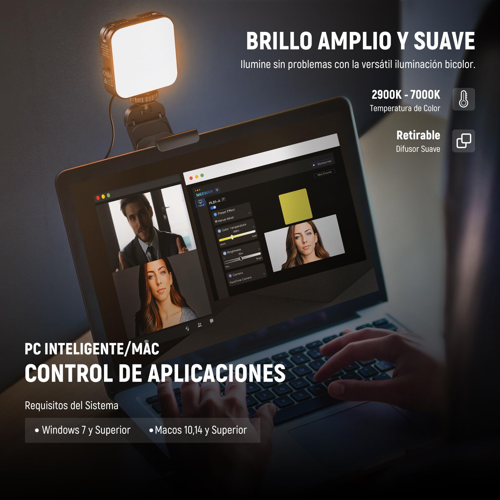 NEEWER Luz Streaming LED Profesional con Windows & macOS Software Control, 2 en 1 Monitor Mount y Soporte, 2900K-7000K Tonos Anchos Iluminación de Cámara Web USB para Videoconferencia Zoom PL81 Pro