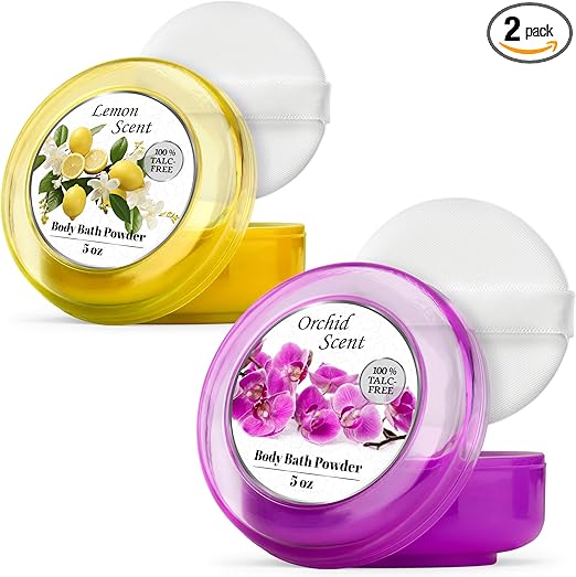R-NEU Body Powder for Women with Powder Puff, 100% Talc-Free, Luminous Lemon Scented Dusting Powder, After Bath for Soft Skin, Extra Large, (2 Pack, 5oz Each)