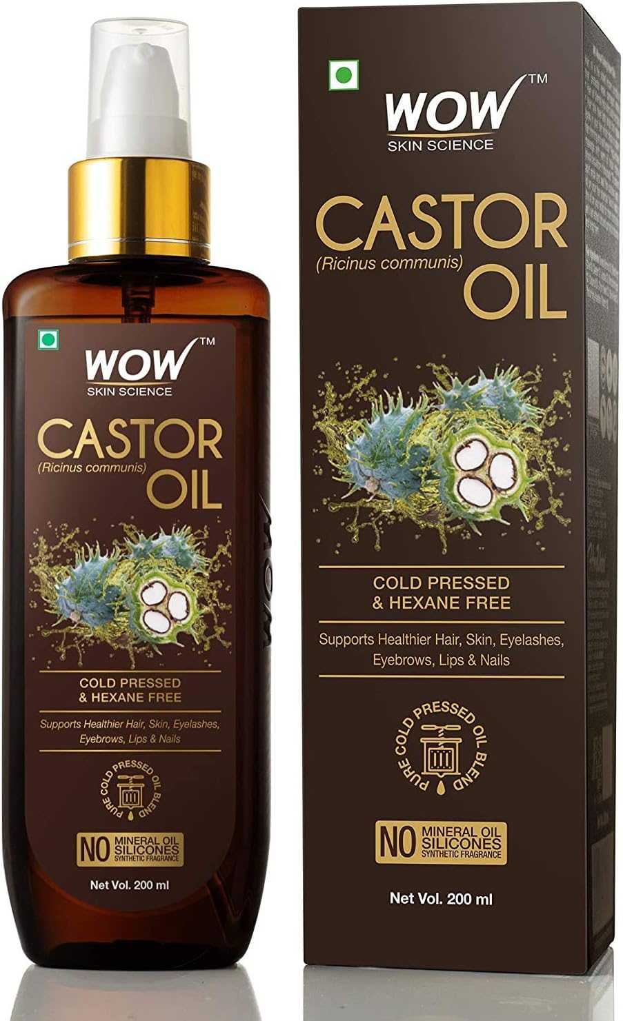 Wow Skin Science 100% Pure Castor Oil - Pure Cold Pressed Oil Blend and Hexane Free -Supports HealthierHair, Eyelashes, Skin & Nails | No Mineral Oil & Silicones - 200 ml