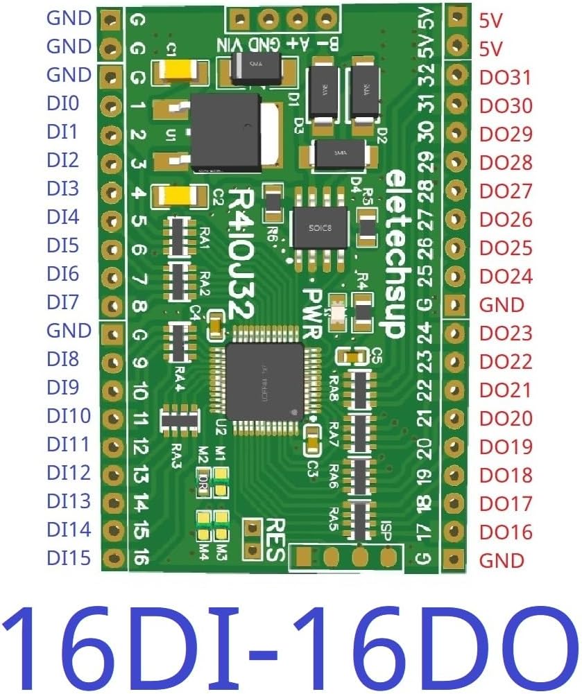 Detailed pinout diagram for the R4IOJ32 board configured as 16 Digital Inputs (DI) and 16 Digital Outputs (DO), showing the specific pin assignments for each input and output.