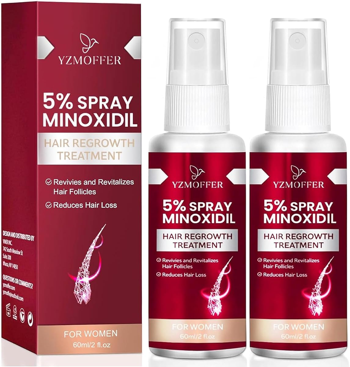 5% Minoxidil Spray for Women Hair Growth: Hair Regrowth Treatment for Thinning Hair and Hair Loss – Topical Extra Strength Treatment for Women – 60ML x 2 Pack