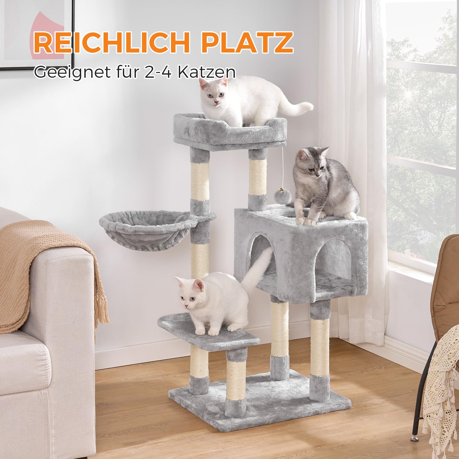 Oak&Tea Kratzbaum für Katzen mit Schlaffläche & Spielzeug – Kompakter Katzenkratzbaum aus Sisal, Kratzbrett und kuscheligem Katzenbett – Ideal als platzsparender Kratzbaum klein für Haus （Hellgrau）