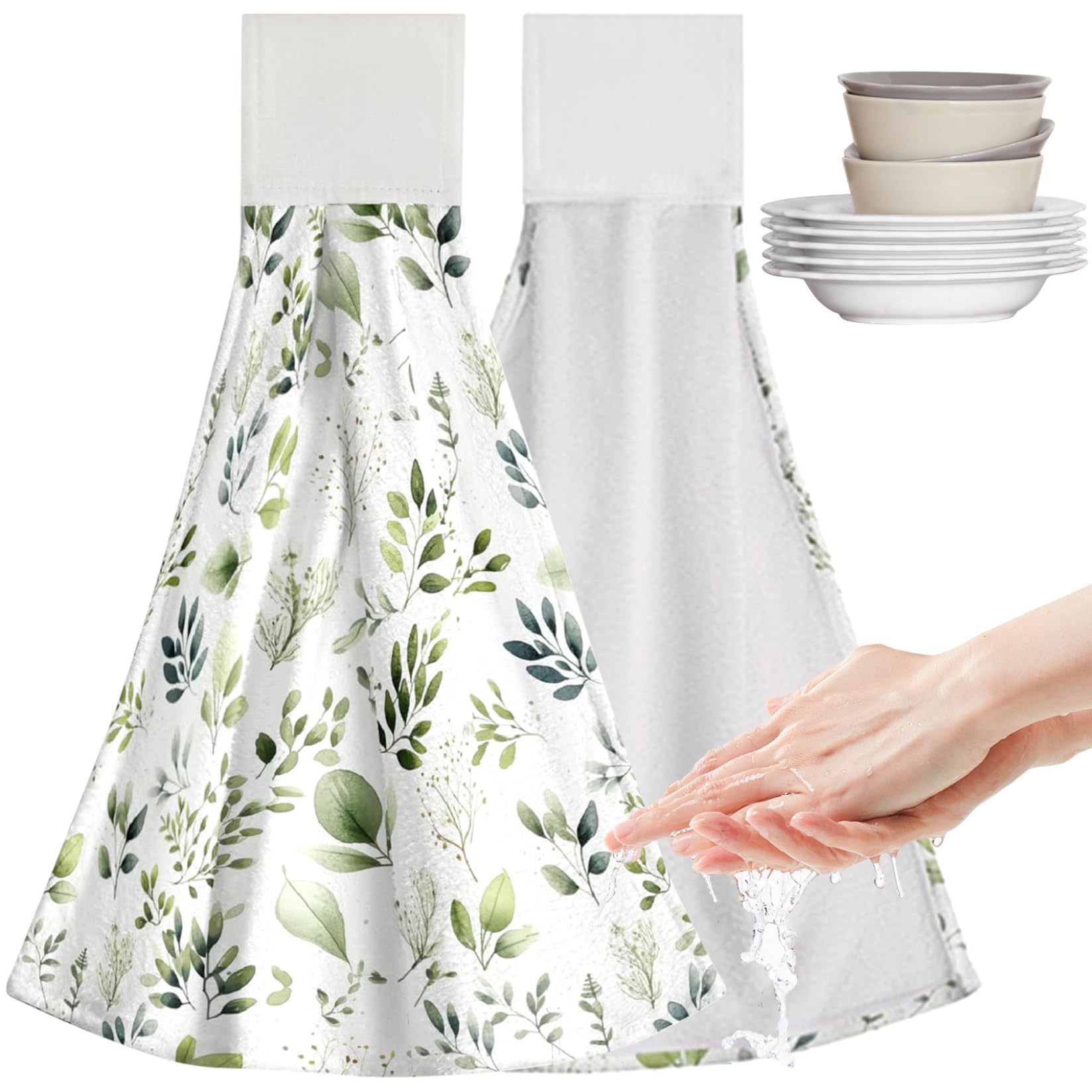 Wedhapy Hand Towel 2PCS Kitchen Towels with Hanging Loop 18.5x12'' High-Absorbency Hand Towels with Sticker Hook Easy Care Hanging Kitchen with Leaf Pattern
