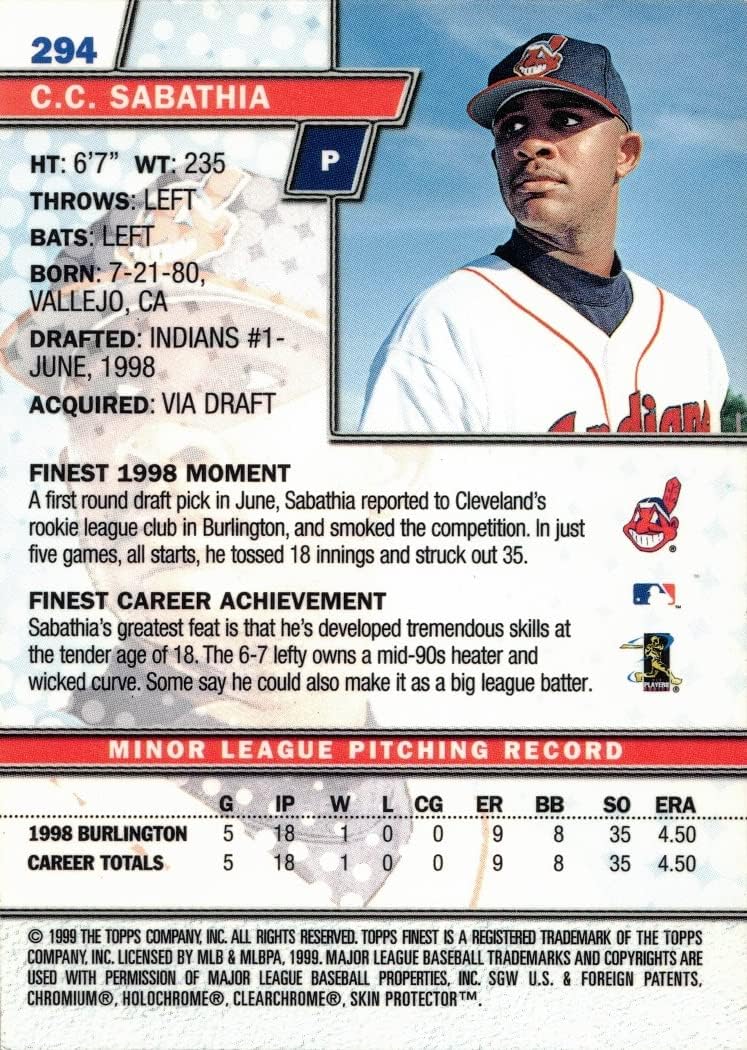 1999 Topps Finest Baseball #294 C.C. Sabathia Rookie Card