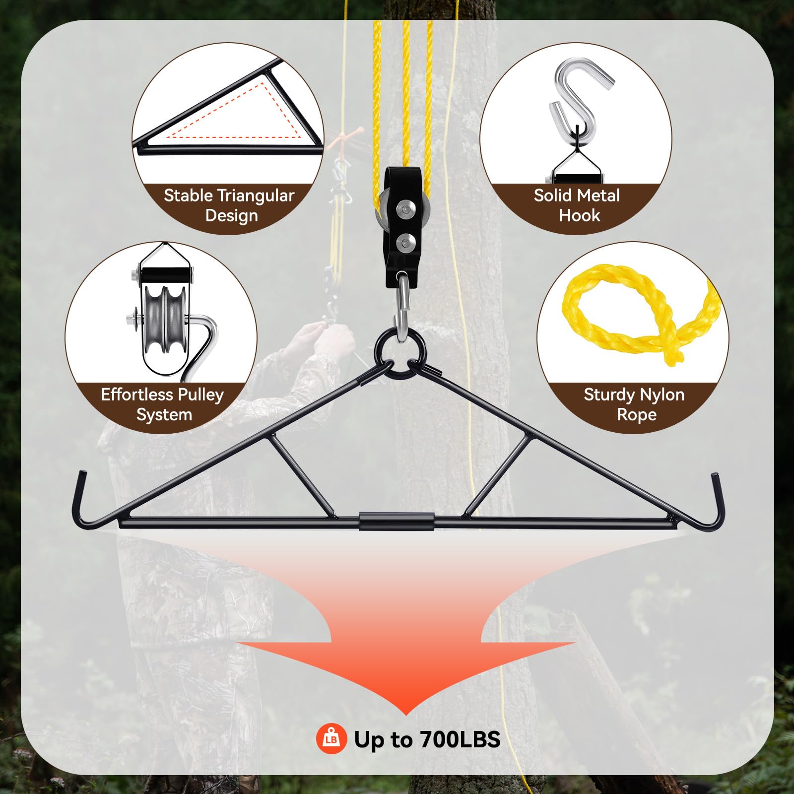 GearOZ Colgador de ciervo, sistema de elevación de polea de alce con gambrel, kit colgante de juego de caza para cadáveres de ciervos/carnicero/pelado, máximo hasta 700 libras, regalos de caza salvaje