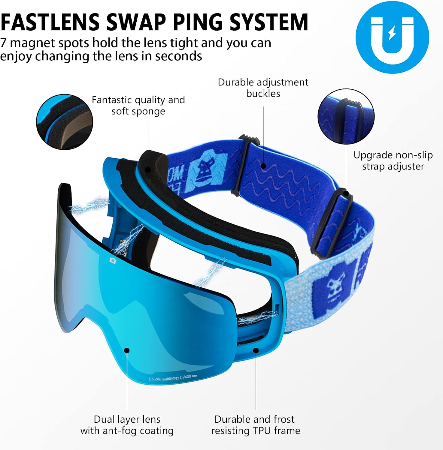 MONKEY FOREST Ski Goggles,Interchangeable Lens Anti-Slip Strap Snowboard Goggles