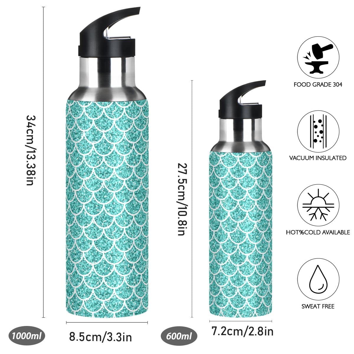 Edelstahl Wasserflasche mit Strohhalm, Glitzer Blaugrün Meerjungfrau Waage Muster Isolierte Trinkflasche Sport Wasserflasche für Kinder Erwachsene, auslaufsicher, 1L