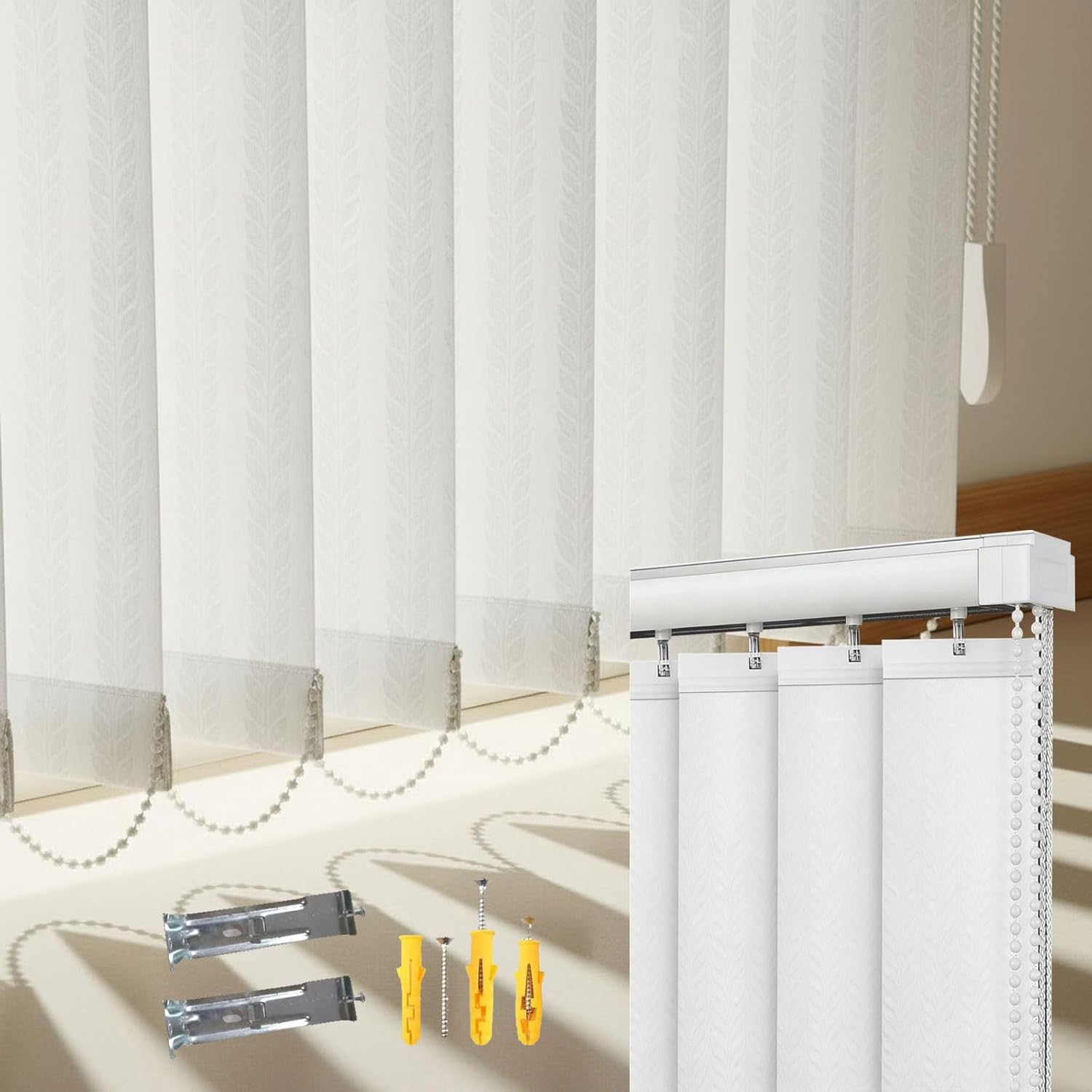 White Vertical Blinds, Cordless Blackout Door Shades, 42" 45" 48" 50" 52" 60" 72" 80" 86" 88" Light-Filtering Fabric Window Blind for Sliding Glass Doors and Large Windows(W47x H47in)